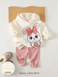 Cozy Pixies 2件套女婴卡通猫咪图案针织柔软圆领长袖套头卫衣和松紧腰裤套装，保暖内衬，舒适精灵女婴运动套装2件套，女婴兔子套装，女婴秋冬服装套装 - 杏色 - 查看 3