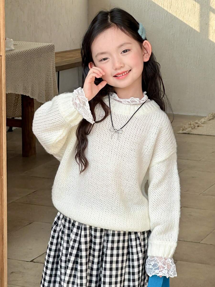 Dazy Kids Maglione a maniche lunghe con collo rotondo, con inserti in pizzo, per ragazze, autunnale - Beige - Visualizzare 1