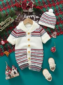SHEIN 秋冬婴儿连体衣套装、复古提花高领长袖毛衣和可爱帽子、日常穿着针织连体衣 - 白色 - 查看 3