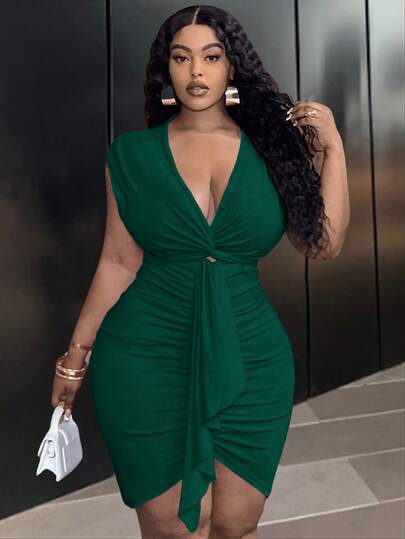 Slaydiva Plus Size Elegant & Party & Date Fitted Solid Pink Mini Dress With Chest Twist, Pleated Waist And Contrast Tie, Spring/Summer/Christmas Dress