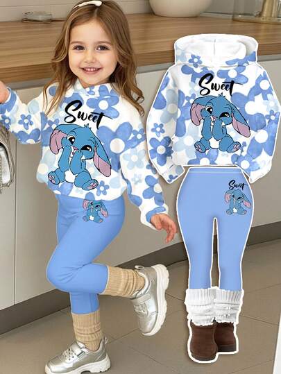 SHEIN Happikins 2pcs/Set Kawaii Cartoon Blue Rabbit Stitch Pattern, Retro Blue Ombre Floral, Baby Girl Casual Loose Letter Graphic Pullover Sweatshirt Sweatshirt And Pants Set, Sweet Casual, Cozy Season, Autumn & Winter Outfits For Outing, Easy Comfort, Autumn & Winter Layers For Baby & Girls, Stylish Girls, Casual Wear, Baby Girl Graphic Tops, New Style, Fall New Style, Winter Fashion