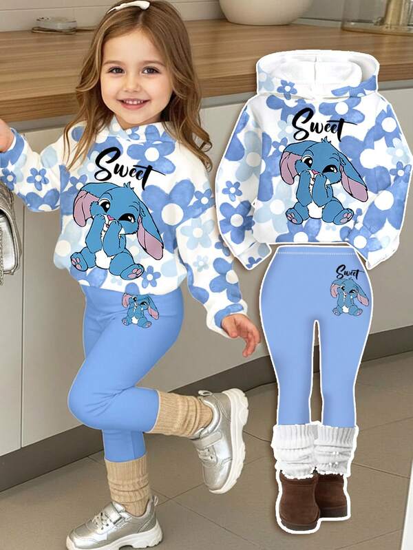 SHEIN Happikins 2pcs/Set Kawaii Cartoon Blue Rabbit Stitch Pattern, Retro Blue Ombre Floral, Baby Girl Casual Loose Letter Graphic Pullover Sweatshirt Sweatshirt And Pants Set, Sweet Casual, Cozy Season, Autumn & Winter Outfits For Outing, Easy Comfort, Autumn & Winter Layers For Baby & Girls, Stylish Girls, Casual Wear, Baby & Kids Graphic Tops, New Style, Fall New Style, Winter Fashion