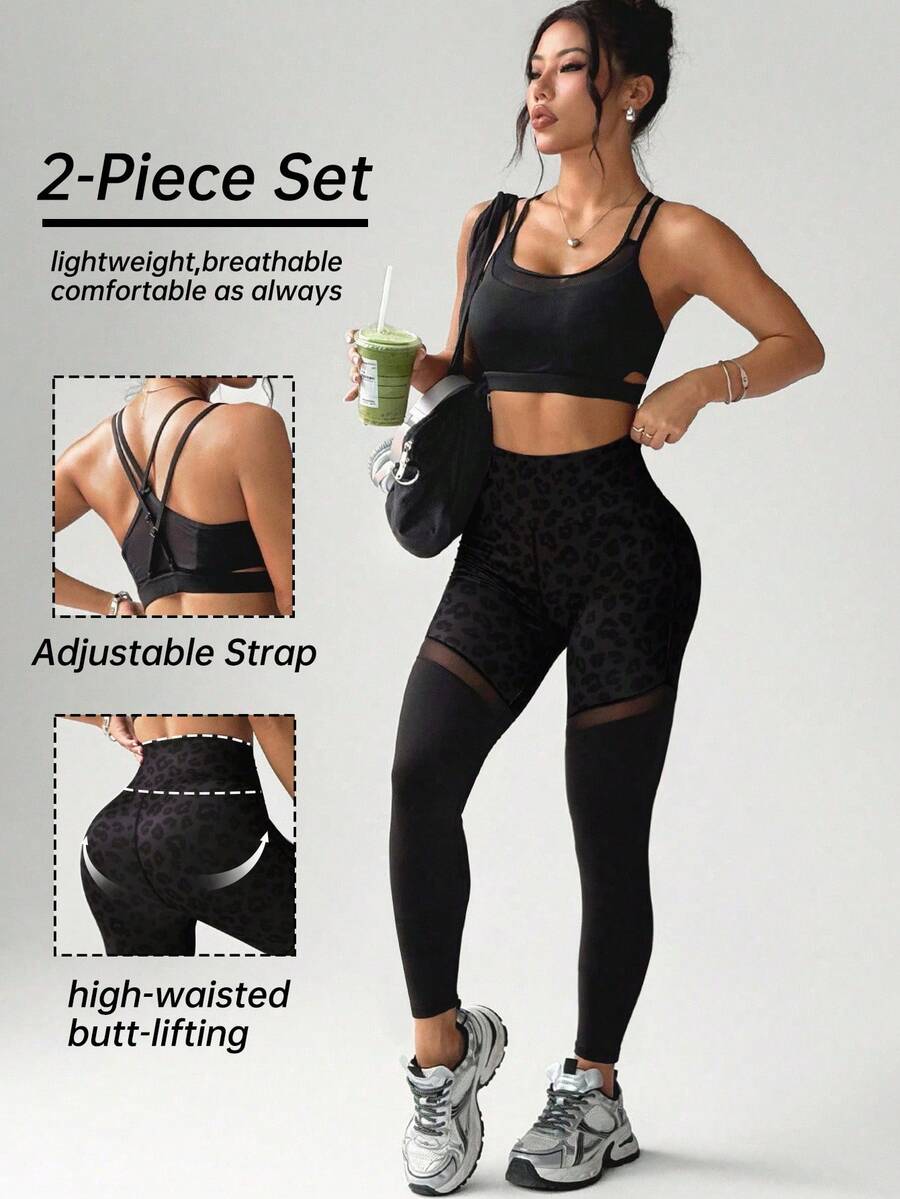 SHEIN Sports Slayoga 女款 2 件式豹紋運動服套裝,黑色夏季性感健身服,可調節肩帶運動內衣與高腰網眼緊身褲,透氣 - 彩色 - 查看 1