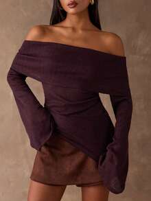 SHEIN BAE Women's Solid Color Minimalist Off Shoulder Long Sleeve Top, Everyday Wear - Maroon - View 5