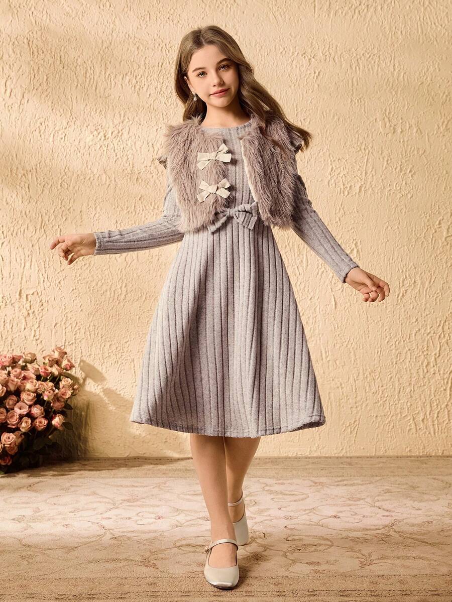 Tween Girls Elegant Faux Fur Sleeveless Gray Top With Cute Bow, Gray Cap Sleeve Round Neck Waist Cute Bow Dress 2-Piece Top Set - Apricot - View 1
