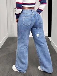 BamGleam Quần jeans ống đứng thêu họa tiết rách giặt thường ngày dành cho nữ - Rửa nhẹ - Xem 2