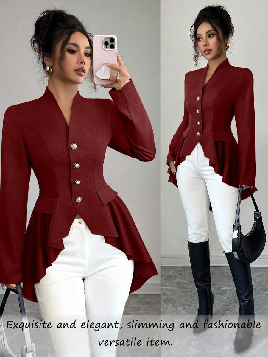 Elenzga Áo khoác nữ dáng rộng cổ chữ V màu đen trơn tay dài raglan thanh lịch, thắt eo, viền bất đối xứng, viền loe, dáng thường - Màu Đỏ Sâu - Xem 1