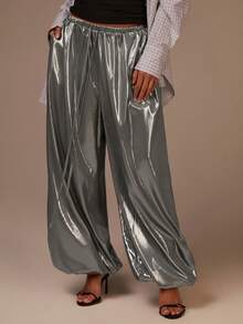 Athîral Women's Fashionable Metallic Jogging Pants, Loose Harem Pants, Elastic Waistband Drawstring Athletic Casual Pants, Airport Women's Wear, Wide-Leg Women's Pants, Streetwear Women's Clothing, Holiday Clothing, Christmas Pants, Music Festival, New Year Women's Clothing, Party Wear. - Silver - View 2