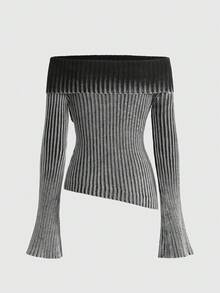 ROMWE Grunge Punk 复古水洗性感露肩翻领女式韩流针织毛衣 - 黑色 - 查看 2