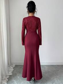 SHEIN Raffinéa 女士优雅高贵的酒红色亮片拼接鱼尾下摆修身连衣裙，适合晚宴、庆典和节日场合。 - 酒紅色 - 查看 2