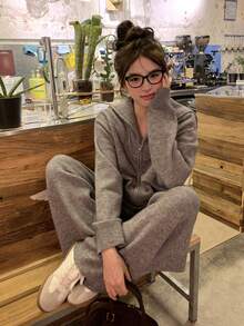 DAZY Bộ 2 món áo khoác cardigan trơn màu và quần len thường ngày cho nữ, Thu/Đông - Xám - Xem 4