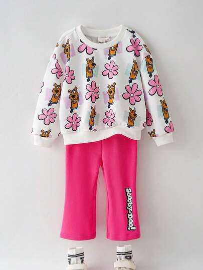 SCOOBY-DOO X SHEIN 2pcs Baby Girl Cute Cartoon Puppy & Floral Print Round Neck Drop Shoulder Long Sleeve Sweatshirt And Letter Graphic Flared Pants Knit Outfit Set