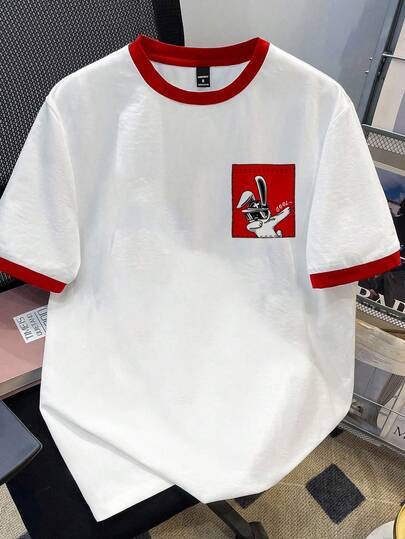 Manfinity Joysei Standard Size Men's Red Patchwork T-Shirt With Cute Rabbit Pattern, Suitable For School, Outings, And Friend Gifts