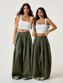 SHEIN EZwear 复古休闲街头风格宽松橄榄绿色弧形下摆加大码裤子，秋冬 - 墨綠色 - 查看 6