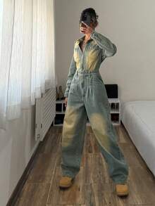 StreetHx 时尚休闲复古街头风衬衫领拉链牛仔连体裤