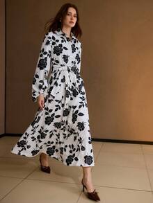 MOTF PREMIUM VESTIDO ESTAMPADO FLORAL COMPLETO CON MANGAS FAROL Y CINTURÓN - Blanco y Negro - Ver 5