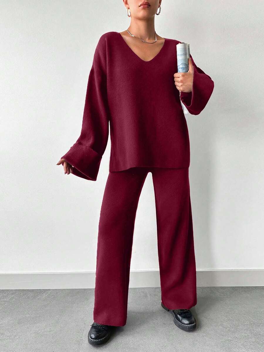 EURMUSE Women's Solid Color V-Neck Long Sleeve Sweater And Knitted Pants Casual 2-Piece Set, Autumn/Winter - Burgundy - View 1