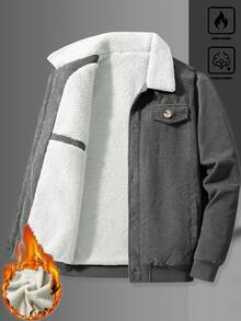 Manfinity Homme 男士秋冬季保暖内衬多口袋长袖外套，男友风休闲灯芯绒翻领大衣，时尚保暖外套，灯芯绒保暖内衬夹克，男士衬衫式外套，复古风格，适合日常休闲、周末旅行、户外活动、探险旅行、轻松的工作环境或半正式场合，也是送给男友/丈夫、周年纪念日或圣诞节的理想礼物。 - 灰色 - 查看 5