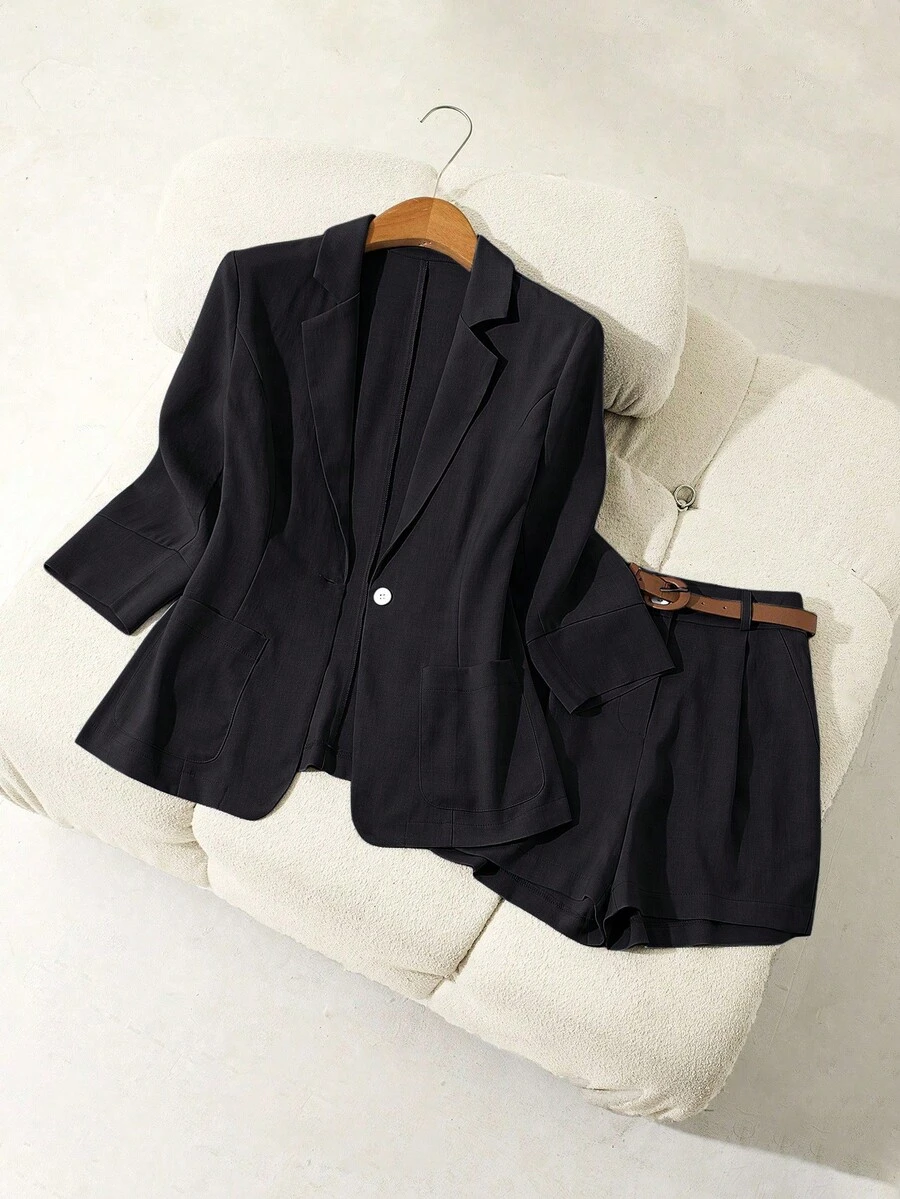 Airaco بدلة رسمية مكونة من جاكيت ذو ياقة صدر وشورت مربوط بحزام، مجموعة أنيقة ذات لون أحادي