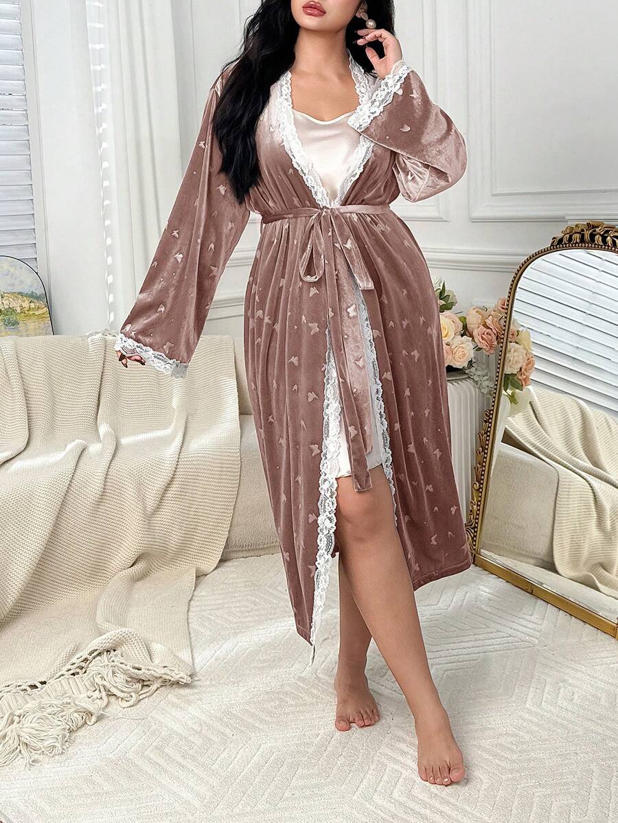 Dazy Plus Plus Size Women Elegant Velvet & Contrast Lace Long Tie-Waist Robe, Thick Warm Loungewear For Autumn/Winter - Pink - View 1
