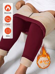 SHEIN Clasi Thermisch gefütterte, wärmende Winter-Leggings in Große Größen, einfarbig, lässig, slim fit - Bordeaux - Übersicht 1