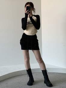 DAZY Women's Casual Daily Commute Fashion Street Letter Print Contrast Color Raglan Long Sleeve Curved Hem Crop T-Shirt, Spring/Autumn - Apricot - View 4