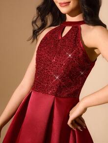 Robe élégante et luxueuse en sequins rouge vin sans manches avec volants froncés et coupe slim pour adolescentes