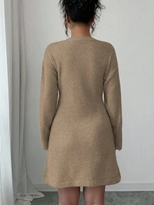 Elenzga Gaun Rajut Elegan dengan Dekorasi Bunga 3D, Musim Gugur/Musim Dingin - Khaki - View 2