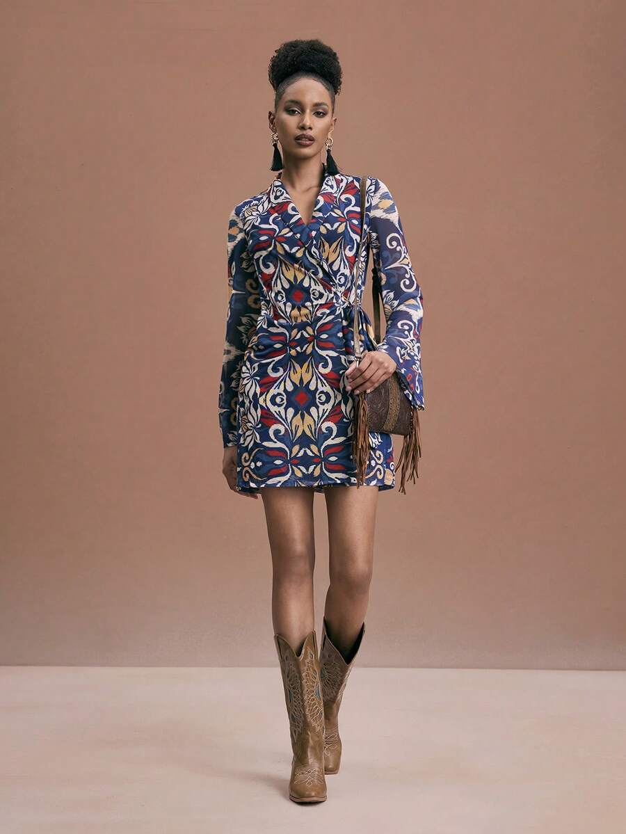 JIAN LASALA Boho All-Over Printed Mesh Wrap Tie Flared Long Sleeve Short Dress Women Casual Wear Ankara African Dress 70s Dress African Print Dress Geometric Print Dress Women Western Dress Resort Wear Elegant Ibiza Women Western Dress Graphic Dress - Multicolor - View 1