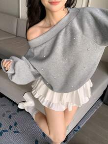 DAZY Women's Rhinestone Embellished Off Shoulder Long Sleeve Sweatshirt, Solid Gray, Suitable For Autumn/Winter, Christmas & New Year - Grey - View 5