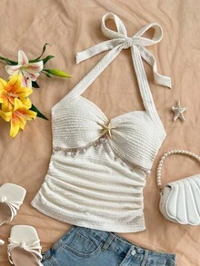 Soleia Áo tank top dành cho nữ, kiểu dáng ôm sát, cổ yếm buộc dây, viền vỏ sao biển, khóa kim loại họa tiết hoa, màu trắng, chất liệu dệt kim, có họa tiết, thích hợp cho các buổi tiệc, hẹn hò, du lịch biển, lễ hội âm nhạc, hoặc kỳ nghỉ theo phong cách boho. - Màu be - Xem 6