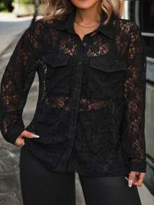 EMERY ROSE Large-Sized Elegant Autumn Knitted Shirt For Women - Black - View 3