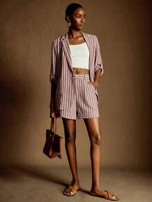 Écloséra 女士复古简约通勤休闲舒适亚麻条纹浅棕色高腰口袋下摆褶裥短裤，女士亚麻裤脚 - 酒紅色 - 查看 2