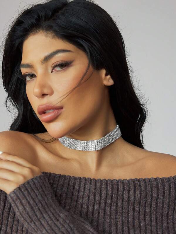 CUCCOO SZL 1pc Sparkly Diamond Multi-Layered Hip-Hop & Electronic Music Elements Detail Party Choker Necklace