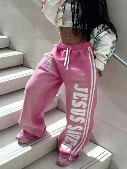 Rovax Fashionable & Streetwear Suitable For Street Photography, Spring/Summer Season, English Letter & Cross Pattern Design, Suitable For Outerwear Pants, Women's Wide-Leg Pants With Curved Hem