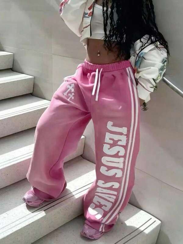 Rovax Fashionable & Streetwear Suitable For Street Photography, Spring/Summer Season, English Letter & Cross Pattern Design, Suitable For Outerwear Pants, Women's Wide-Leg Pants With Curved Hem