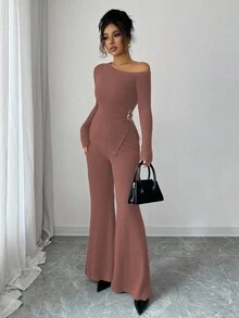 Elenzga 女士时尚休闲两件套，不对称肩部下摆褶皱金属装饰长袖罗纹修身T恤 + 修身喇叭罗纹针织裤 - 藕粉色 - 查看 4