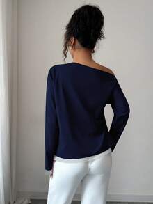 Elenzga Women's Autumn New Oblique Shoulder Ruffle Long Sleeve Blouse - Navy Blue - View 2