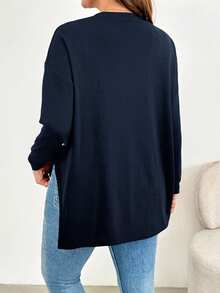 SHEIN Essnce 大码女装春秋季时尚休闲宽松舒适日常简约百搭修身高开衩黑色T恤，秋季服装，外出上衣 - 藍色 - 查看 2