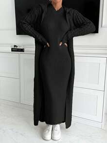 SHEIN Cottnline طقم كارديجان وفستان كنزة ماكسي مع كابوشون - الأسود - مشاهدة 3