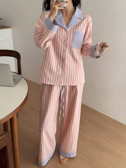 DAZY Gestreepte Contrast Patchwork Loose Women Pajama Set view 4