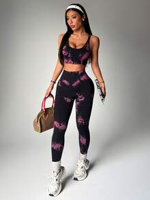 Dewbera 女士无缝瑜伽套装，交叉肩带文胸上衣和紧身打底裤 - 彩色 - 查看 6