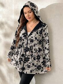 SHEIN Clasi Plus Size Floral Print Drawstring Waist Hooded Jacket, Casual For Autumn/Winter - Multicolor - View 8