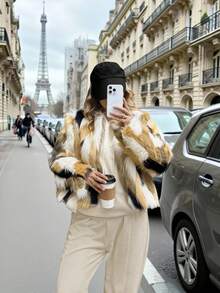 SHEIN Clasi Plus Size Women's Color Block Fluffy Collar Jacket, Minimalist & Fashionable For Commuting