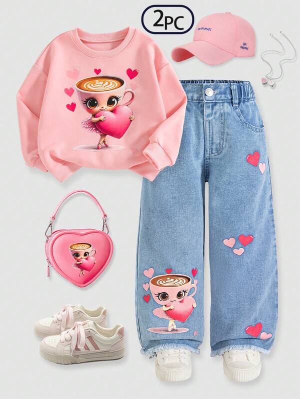 Set de 2 piezas Conjunto de primavera/otoño para niñas, recomendación de ropa casual y universitaria dulce y linda: Sudadera de cuello redondo de manga larga color rosa con estampado de bailarina, combinada con jeans rectos azules, adecuado para salidas diarias, reuniones casuales, looks de estilo universitario