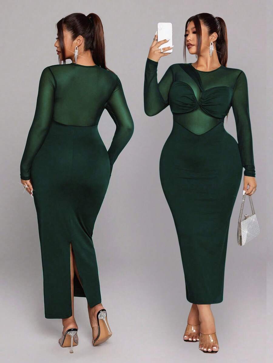 NU&NOW Vestido de festa sexy plus size feminino de manga comprida, gola redonda e detalhes em tule. - Verde - Ver 1
