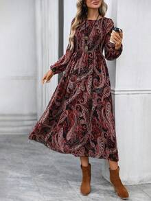 EMERY ROSE Đầm dài thắt eo họa tiết Paisley cổ điển dành cho nữ, cổ tròn, tay dài - Nhiều màu - Xem 3