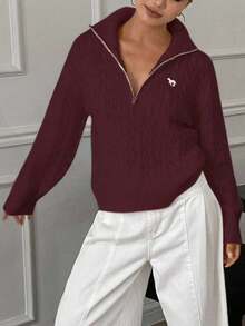 Livesso Suéter holgado de media cremallera casual para mujer, nueva colección de otoño - Burdeos - Ver 3