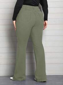 EMERY ROSE Plus Size Women Elastic Waist Pockets Casual Flared Jeans - Army Green - View 2