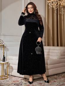 Modelyn Robe longue à manches longues avec patchwork en maille et décoration de cristaux, automne/hiver, grande taille - Noir - Voir 8